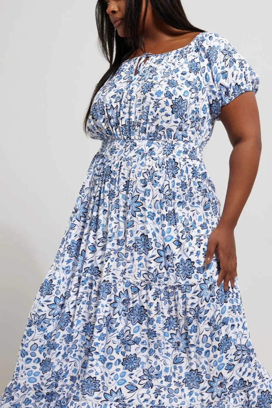 Yours Curve Blue Floral Tie Neck Tiered Maxi Dress