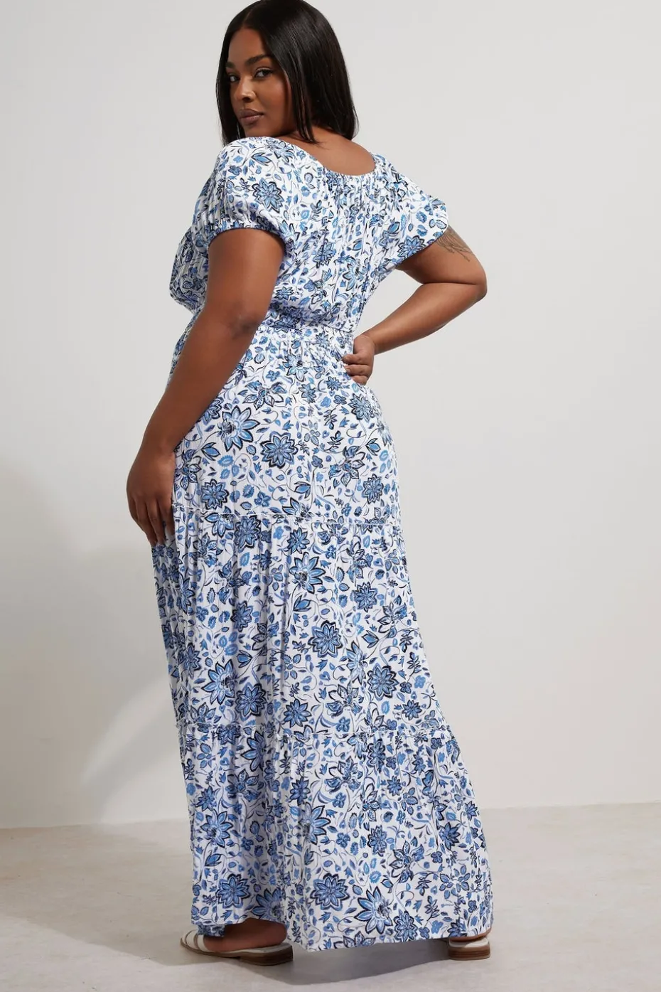 Yours Curve Blue Floral Tie Neck Tiered Maxi Dress