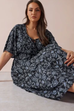 Yours Curve Blue Paisley Print Tie Front Maxi Dress