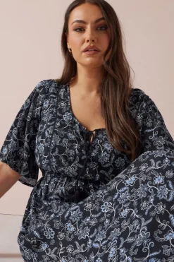 Yours Curve Blue Paisley Print Tie Front Maxi Dress