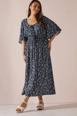 Yours Curve Blue Paisley Print Tie Front Maxi Dress