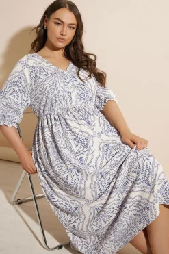 Yours Curve Blue Paisley Print Textured V Neck Dress