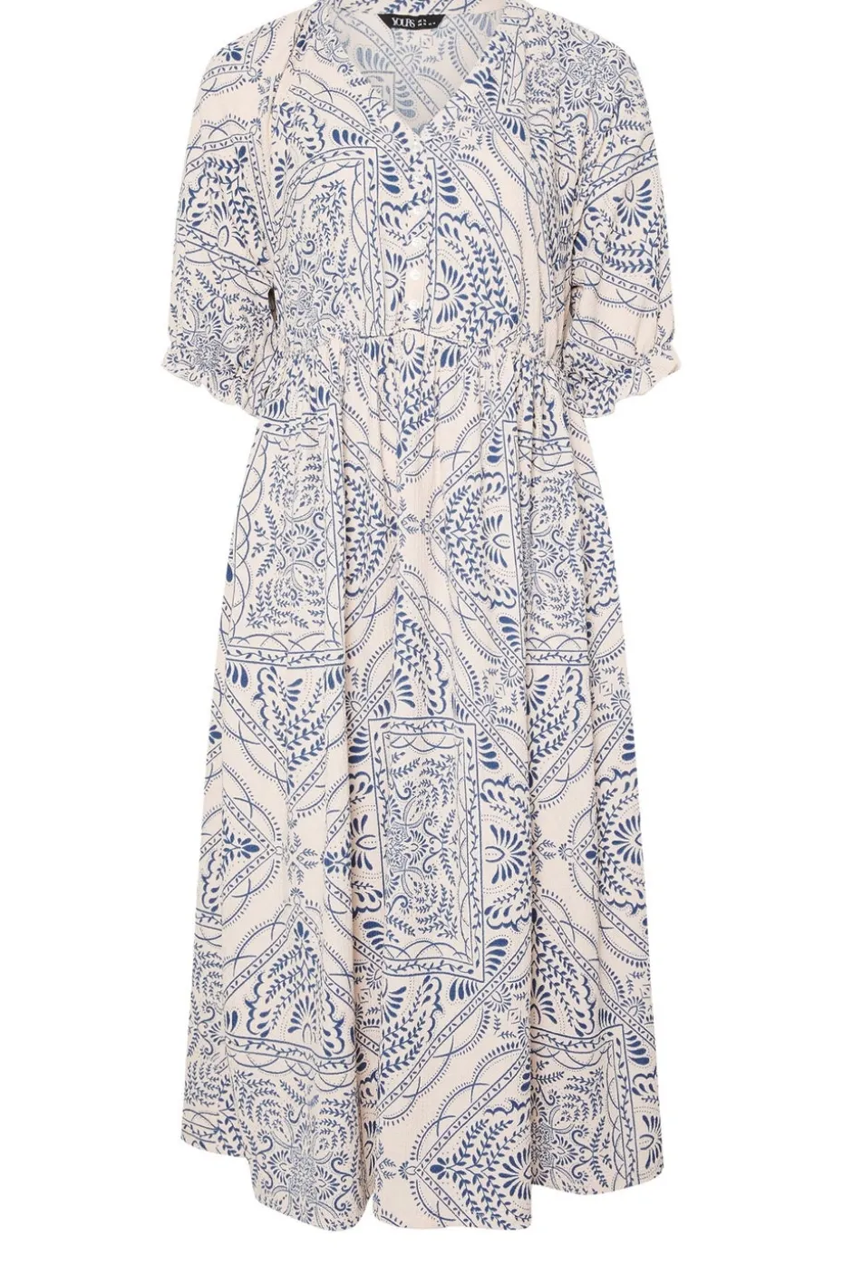 Yours Curve Blue Paisley Print Textured V Neck Dress
