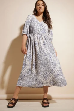 Yours Curve Blue Paisley Print Textured V Neck Dress