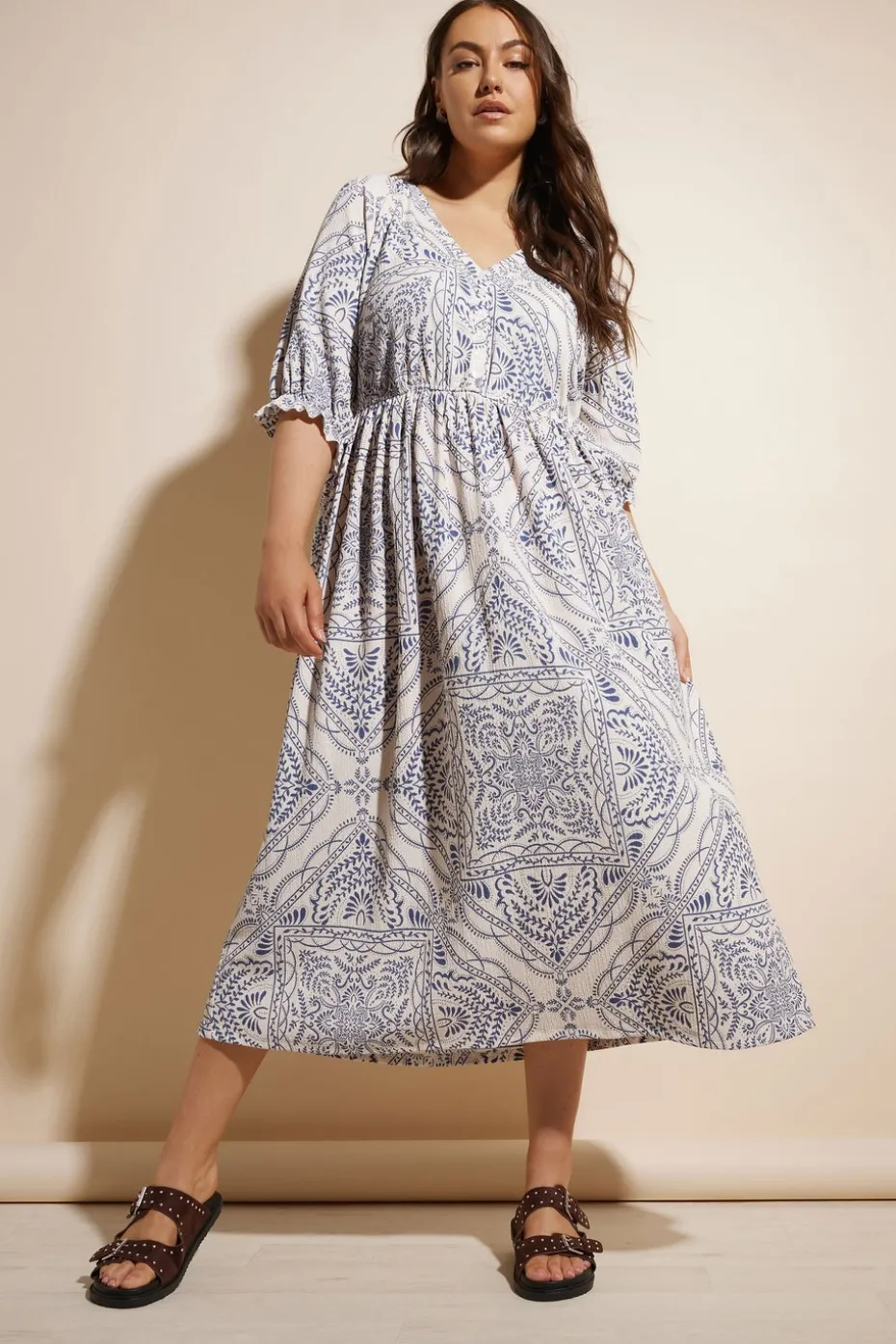 Yours Curve Blue Paisley Print Textured V Neck Dress