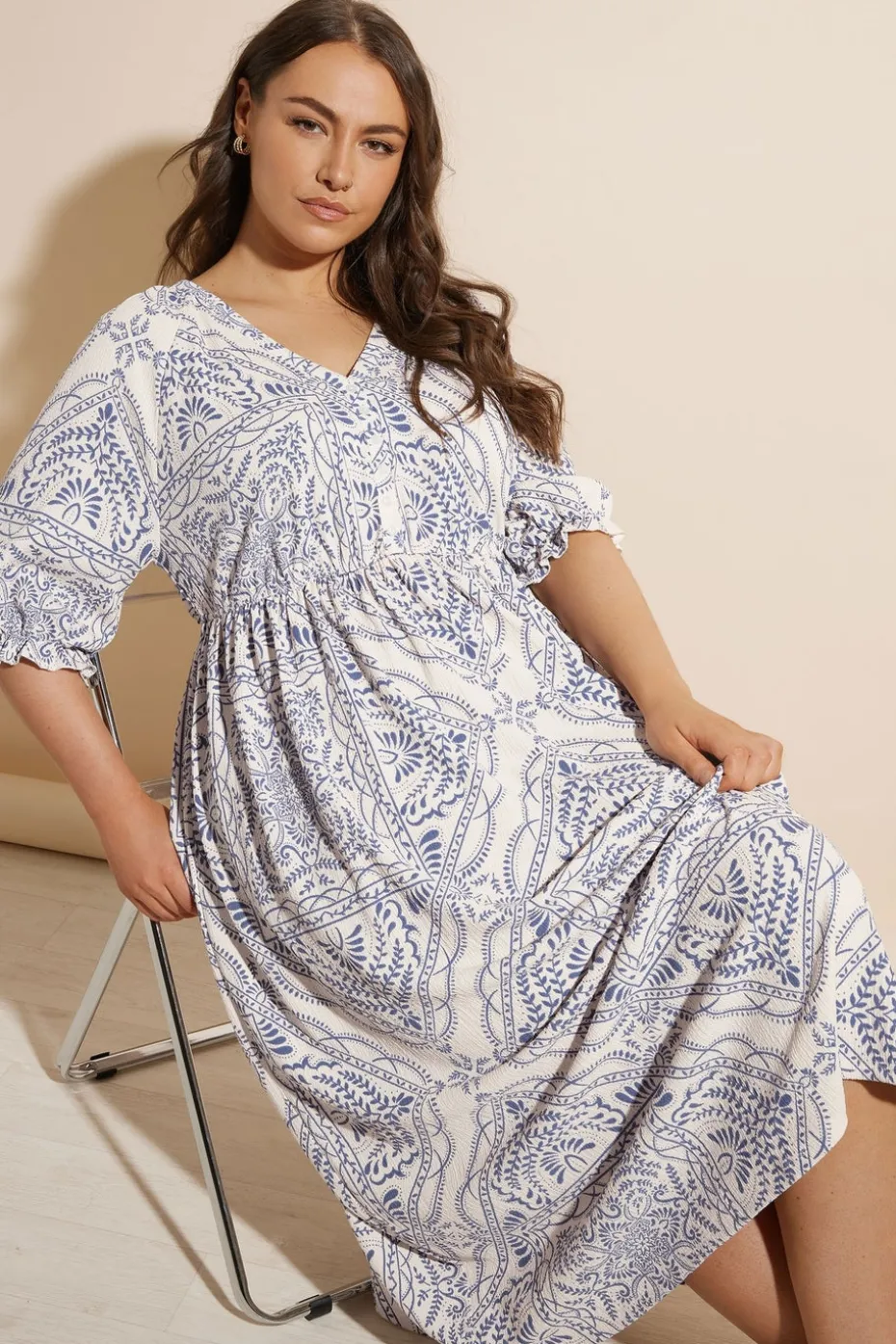 Yours Curve Blue Paisley Print Textured V Neck Dress