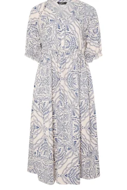 Yours Curve Blue Paisley Print Textured V Neck Dress
