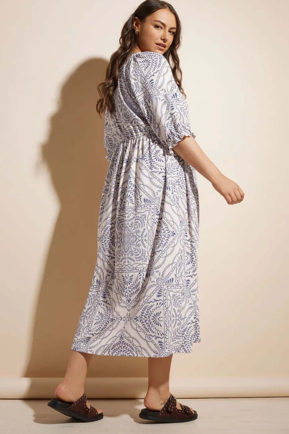 Yours Curve Blue Paisley Print Textured V Neck Dress