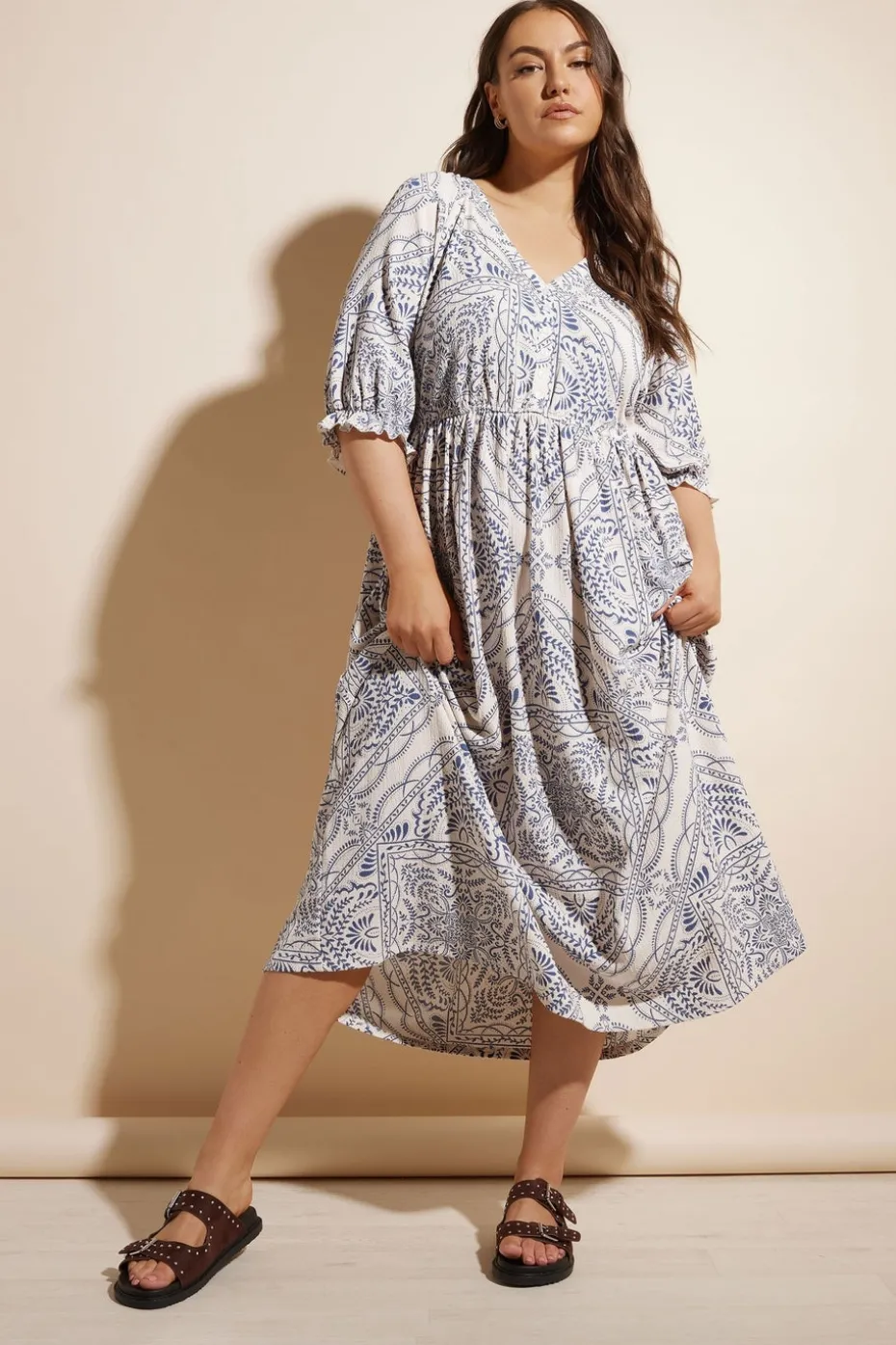Yours Curve Blue Paisley Print Textured V Neck Dress
