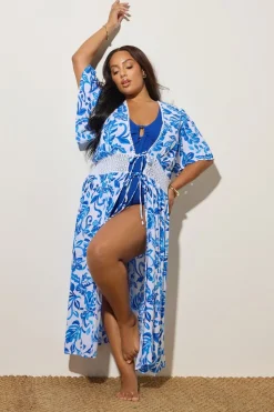 Yours Curve Blue Palm Print Crochet Maxi Kimono