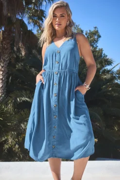 Yours Curve Blue Sleeveless Button Through Chambray Dress