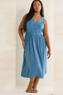 Yours Curve Blue Sleeveless Button Through Chambray Dress