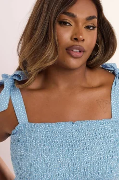 Yours Curve Blue Spot Shirred Tie Sleeve Cami Top