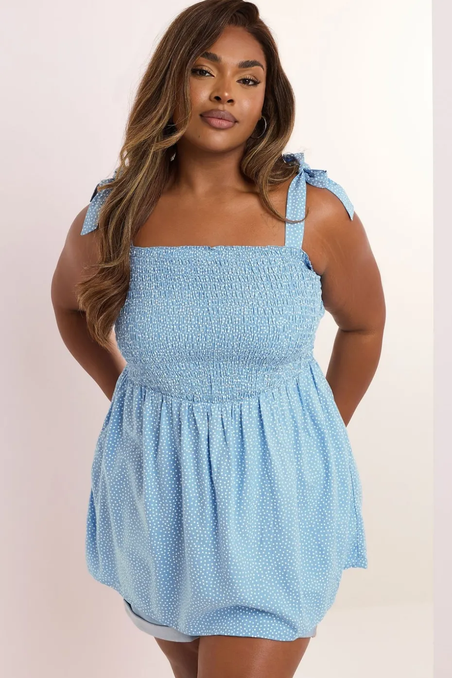 Yours Curve Blue Spot Shirred Tie Sleeve Cami Top
