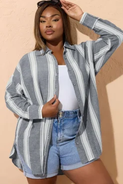 Yours Curve Blue Stripe Linen Shirt