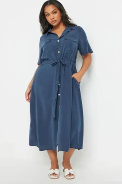 Yours Curve Blue Tie Waist Chambray Shirt Dress