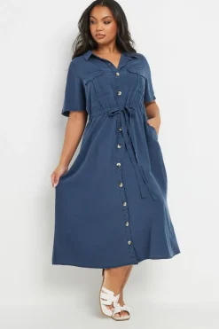 Yours Curve Blue Tie Waist Chambray Shirt Dress