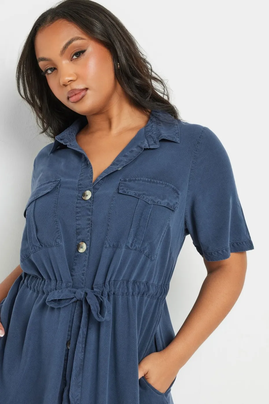 Yours Curve Blue Tie Waist Chambray Shirt Dress