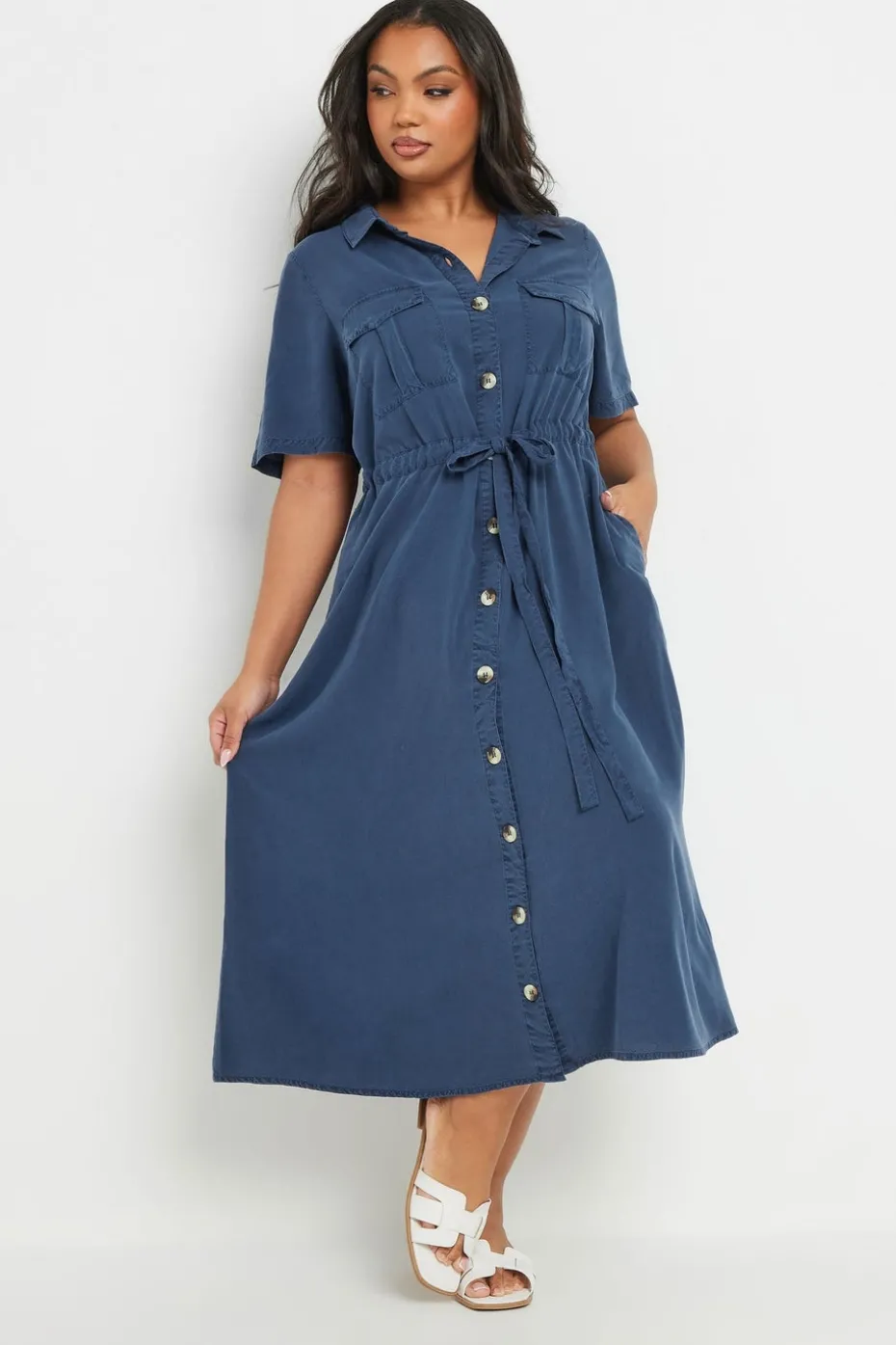 Yours Curve Blue Tie Waist Chambray Shirt Dress