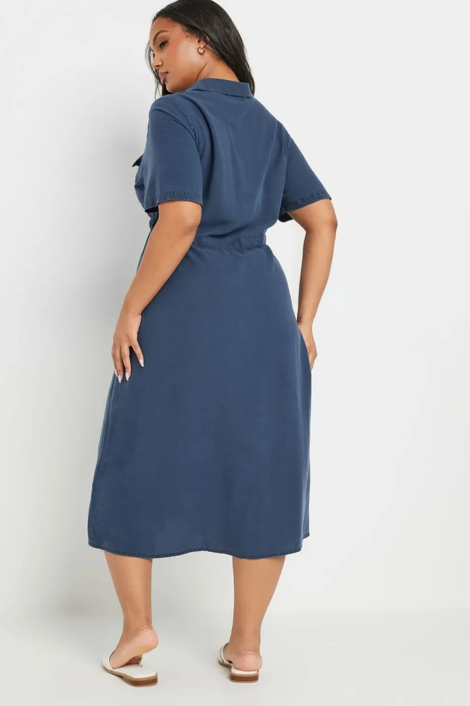 Yours Curve Blue Tie Waist Chambray Shirt Dress