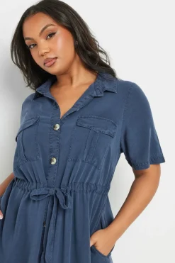 Yours Curve Blue Tie Waist Chambray Shirt Dress