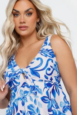 Yours Curve Blue Tropical Print Tie Front Tankini Top