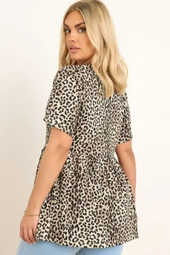 Yours Curve Brown Leopard Print Bow Tie Front Peplum Top