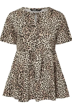 Yours Curve Brown Leopard Print Bow Tie Front Peplum Top