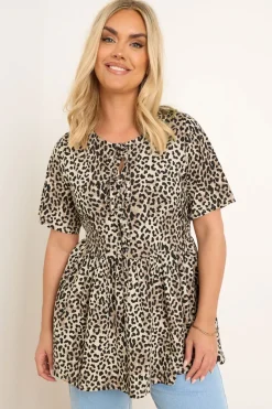 Yours Curve Brown Leopard Print Bow Tie Front Peplum Top