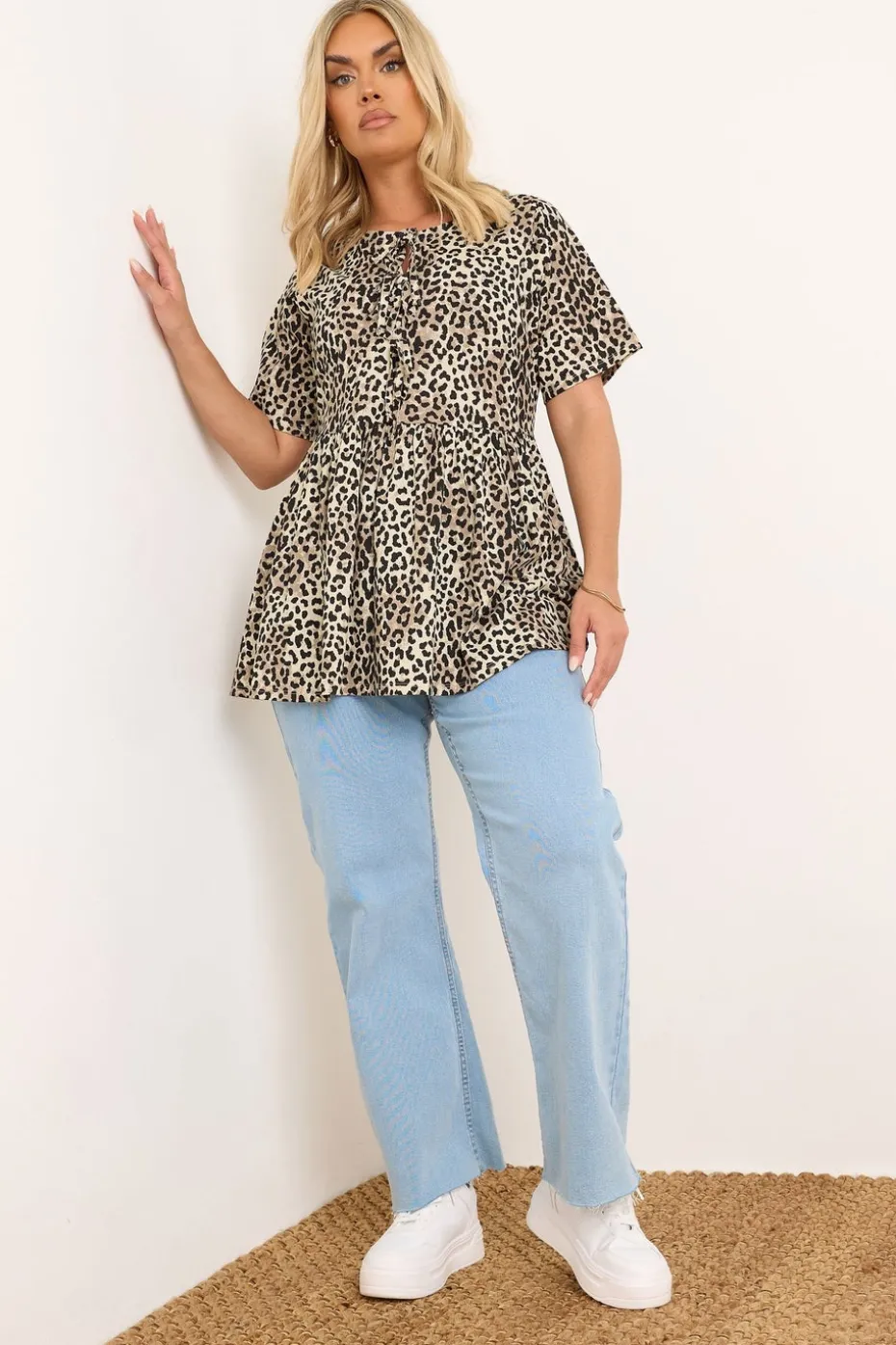 Yours Curve Brown Leopard Print Bow Tie Front Peplum Top