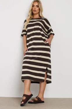 Yours Curve Brown Stripe Oversized Pocket Detail Midi Dress
