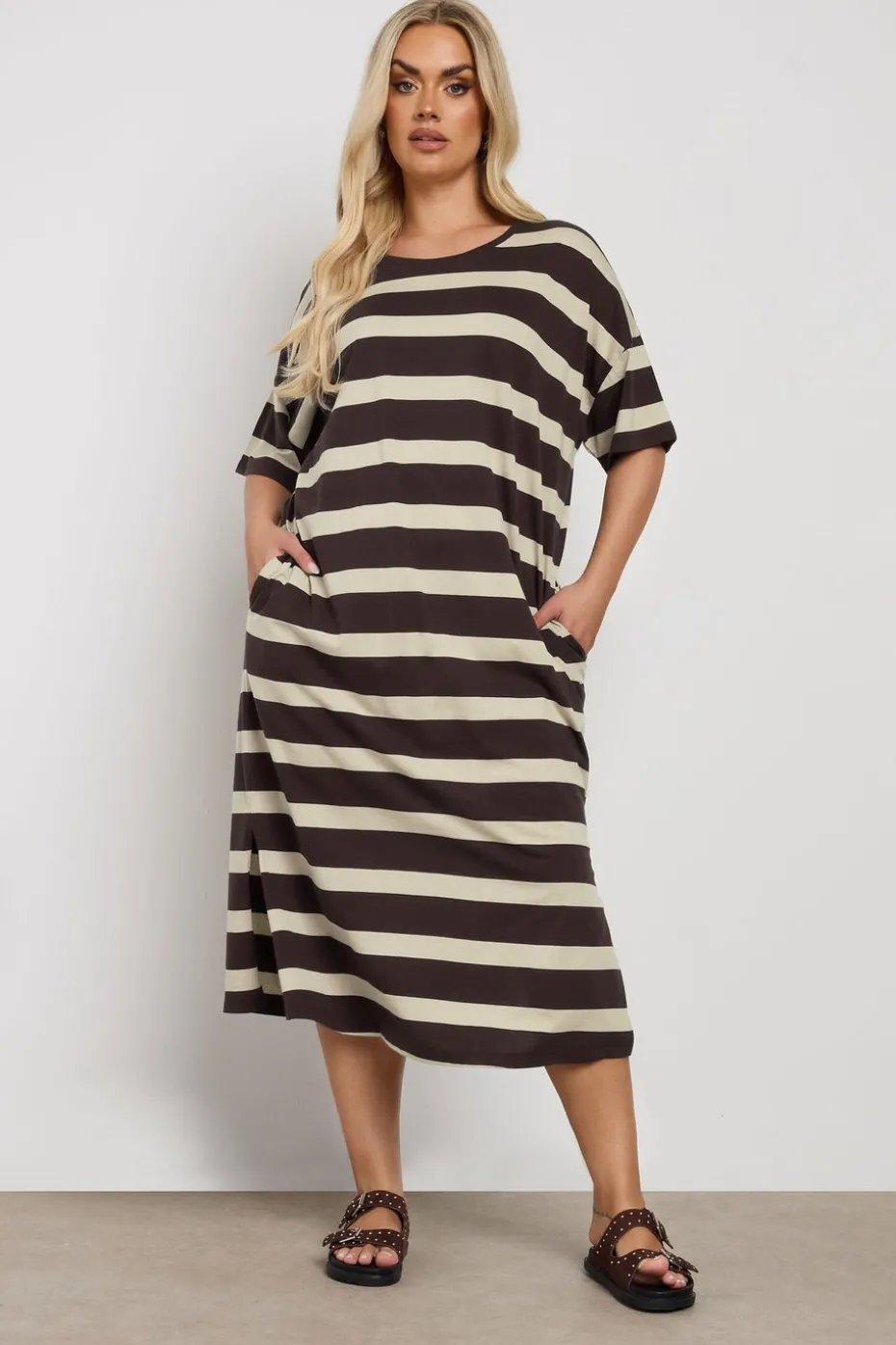 Yours Curve Brown Stripe Oversized Pocket Detail Midi Dress