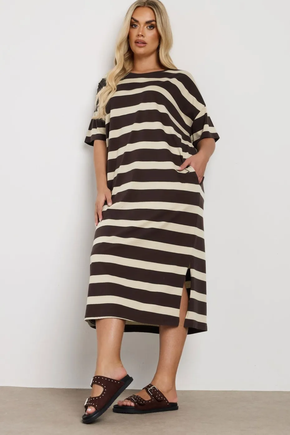 Yours Curve Brown Stripe Oversized Pocket Detail Midi Dress