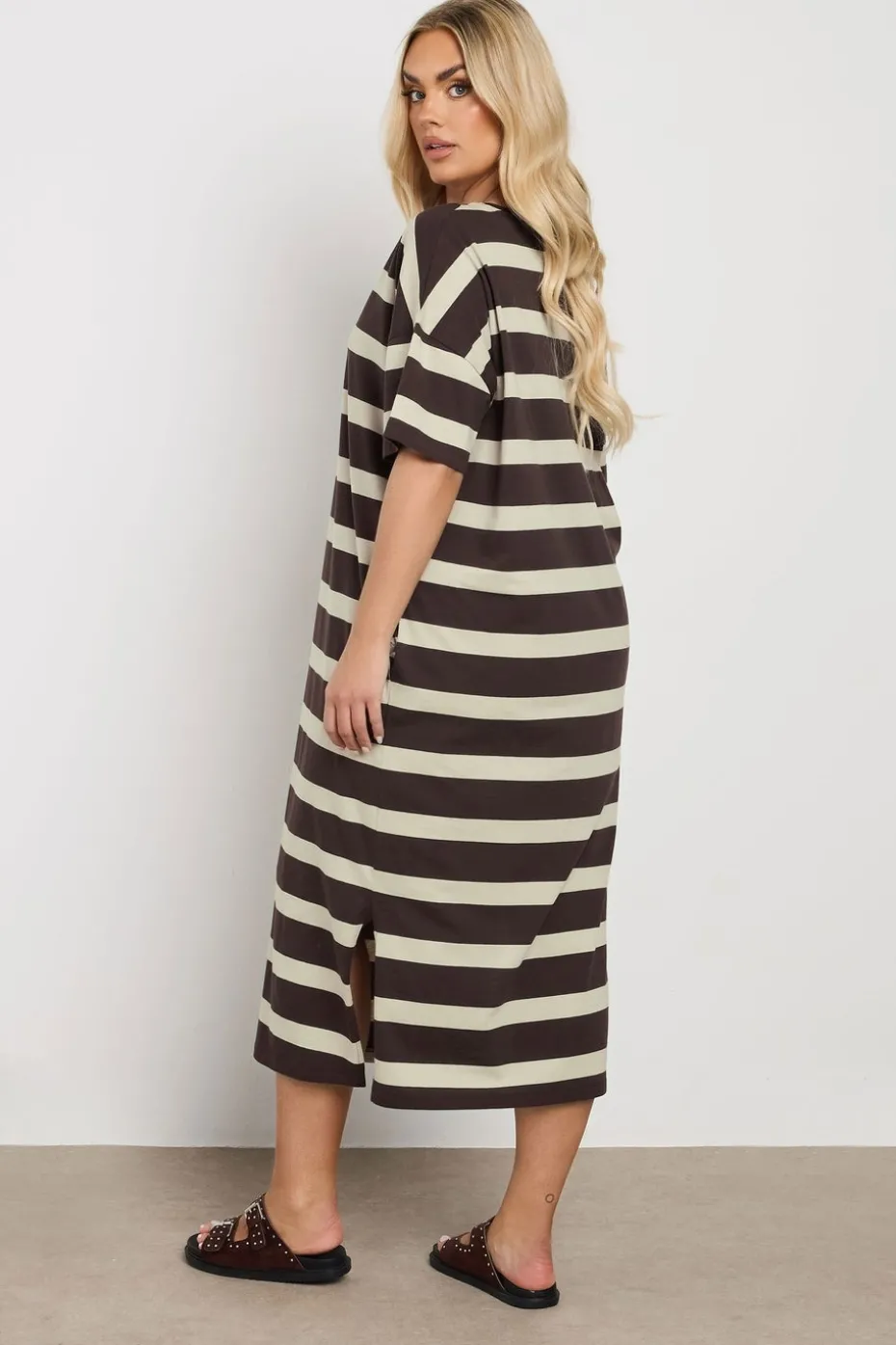 Yours Curve Brown Stripe Oversized Pocket Detail Midi Dress