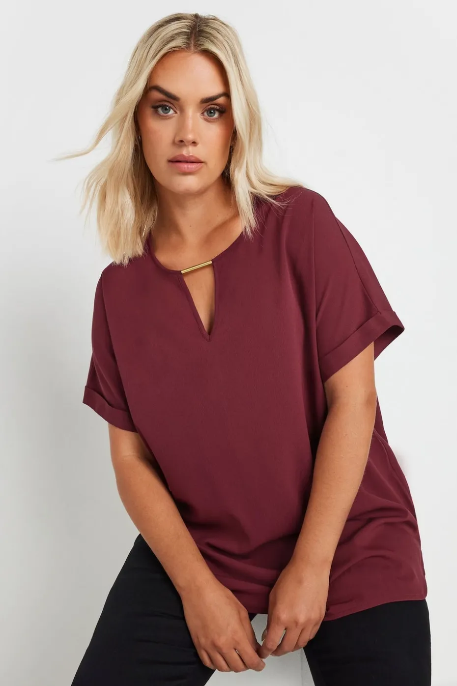 Yours Curve Burgundy Red Metal Trim Blouse