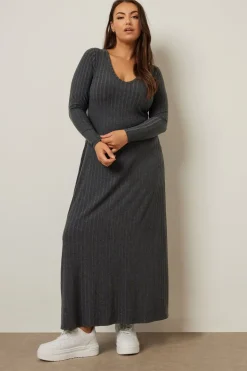Yours Curve Charcoal Grey Ribbed Flare Maxi Dress