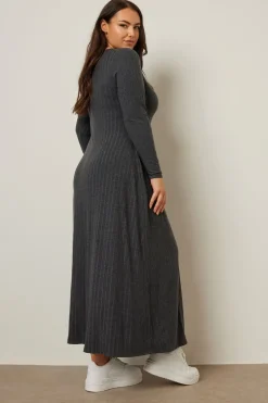 Yours Curve Charcoal Grey Ribbed Flare Maxi Dress
