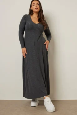 Yours Curve Charcoal Grey Ribbed Flare Maxi Dress