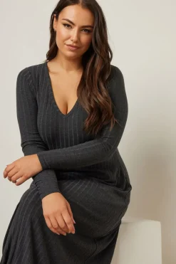 Yours Curve Charcoal Grey Ribbed Flare Maxi Dress