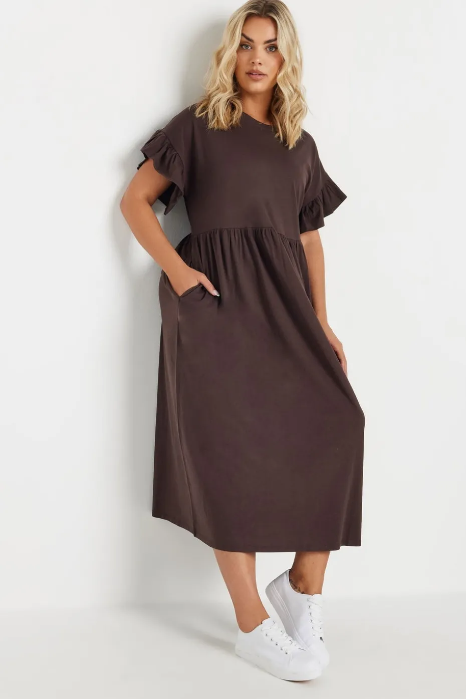 Yours Curve Chocolate Brown Frill Cotton Midaxi Dress