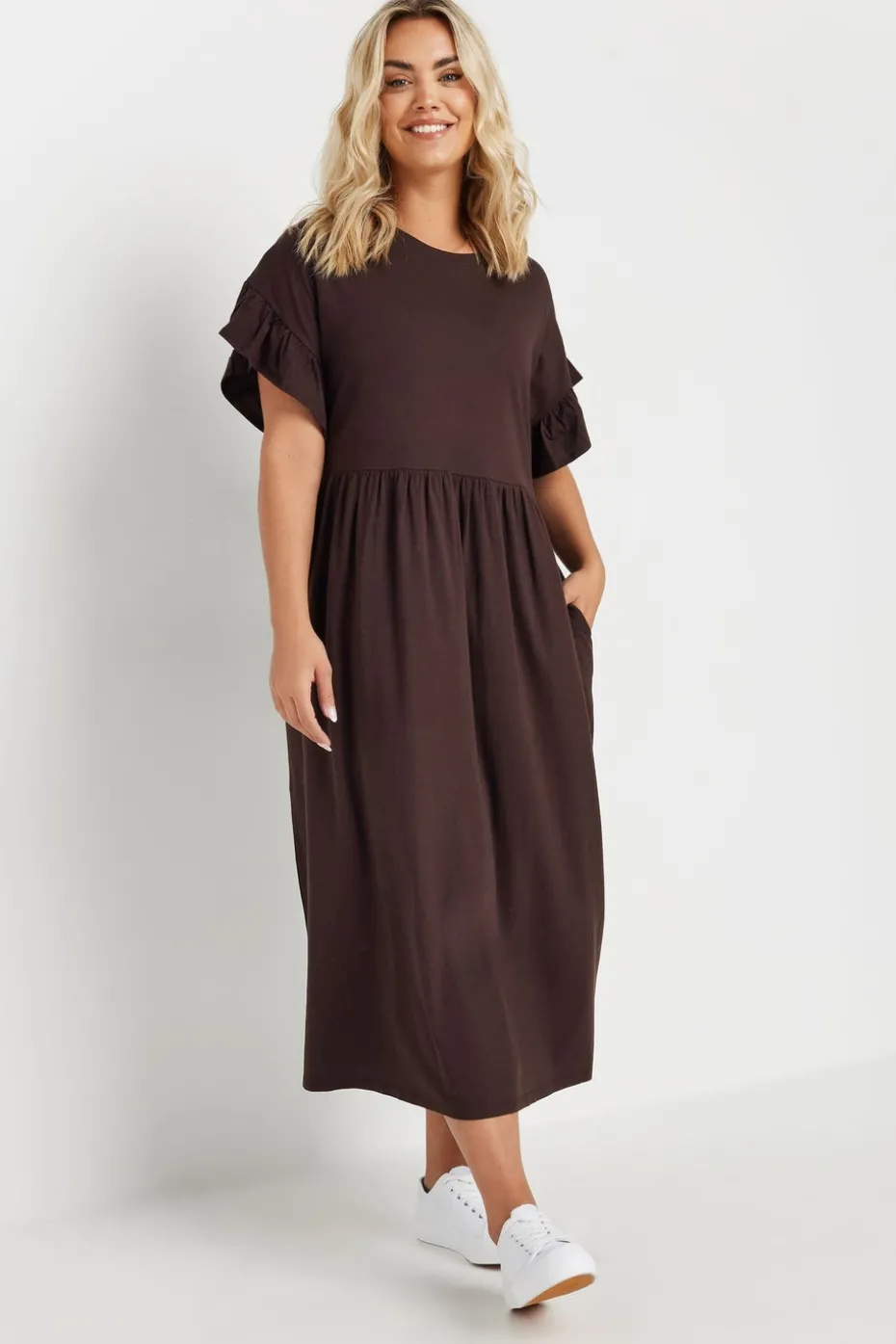 Yours Curve Chocolate Brown Frill Cotton Midaxi Dress