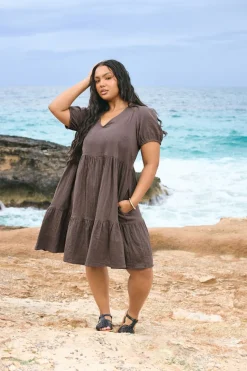 Yours Curve Chocolate Brown Tiered Smock Mini Dress