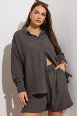 Yours Curve Chocolate Brown Textured Long Sleeve Shirt