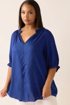 Yours Curve Cobalt Blue Frill Notch Neck Blouse