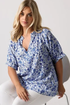 Yours Curve Cobalt Blue Floral Frill Notch Neck Blouse