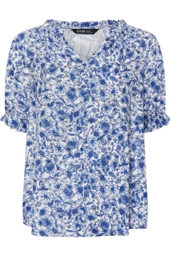 Yours Curve Cobalt Blue Floral Frill Notch Neck Blouse