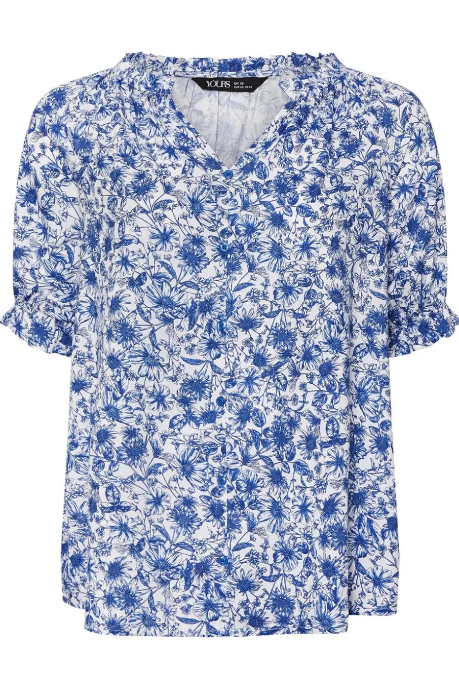 Yours Curve Cobalt Blue Floral Frill Notch Neck Blouse