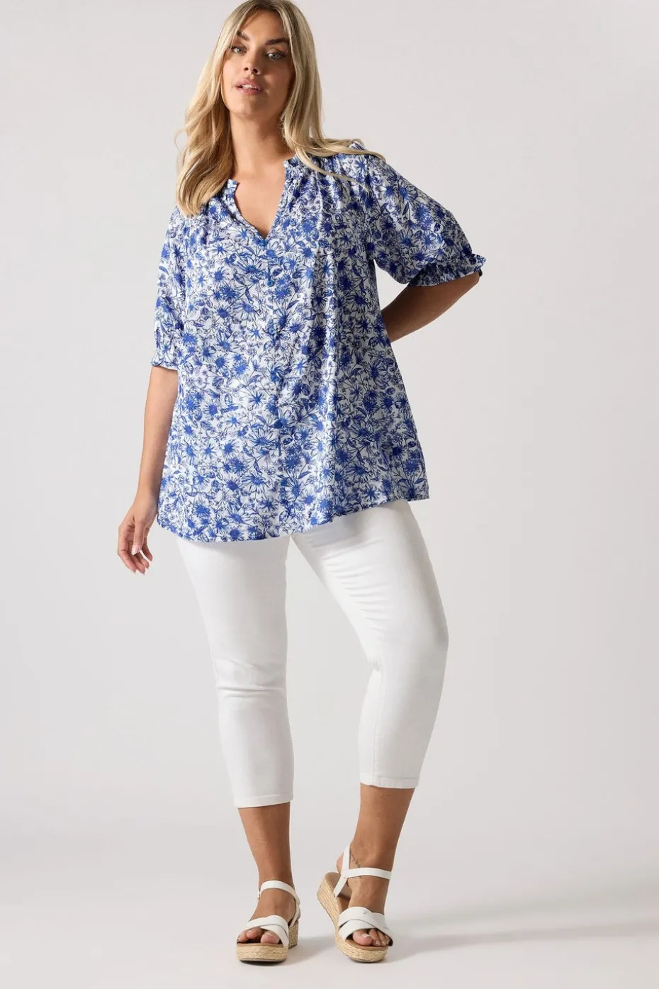 Yours Curve Cobalt Blue Floral Frill Notch Neck Blouse