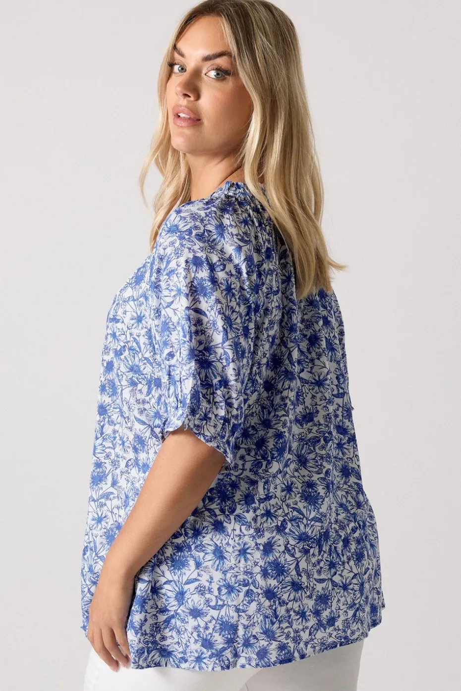 Yours Curve Cobalt Blue Floral Frill Notch Neck Blouse