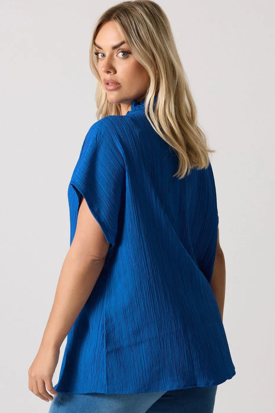 Yours Curve Cobalt Blue Textured Frill Neck Top